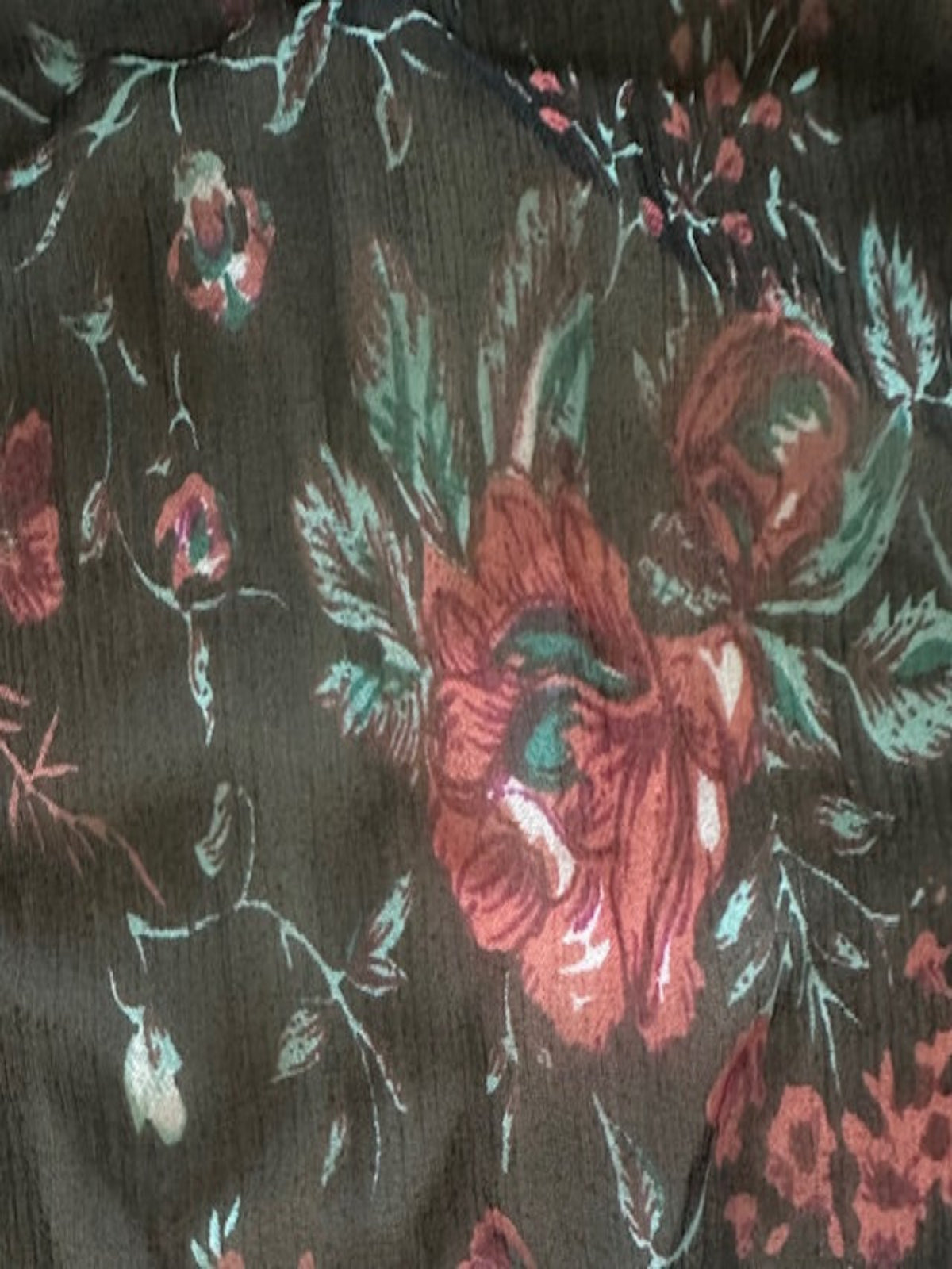 Brick Red Flowers on Black Yoryu Silk Chiffon