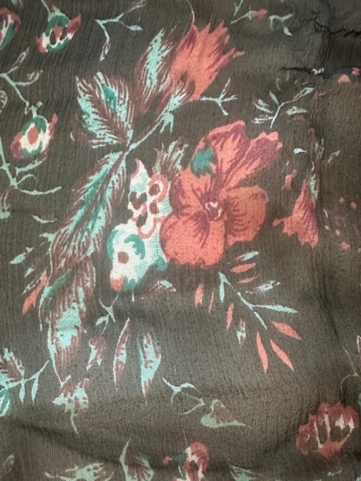 Brick Red Flowers on Black Yoryu Silk Chiffon