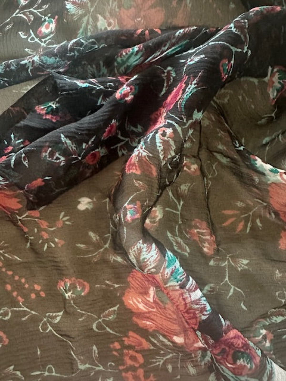 Brick Red Flowers on Black Yoryu Silk Chiffon