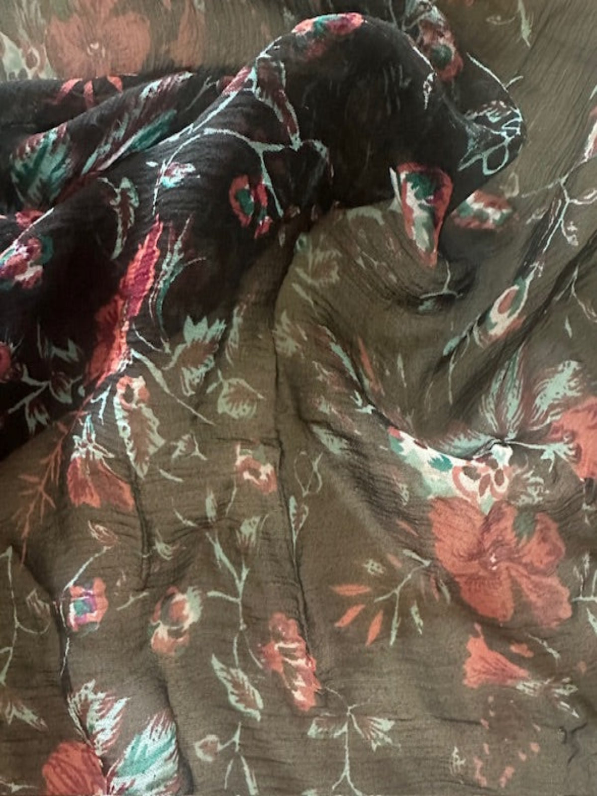 Brick Red Flowers on Black Yoryu Silk Chiffon