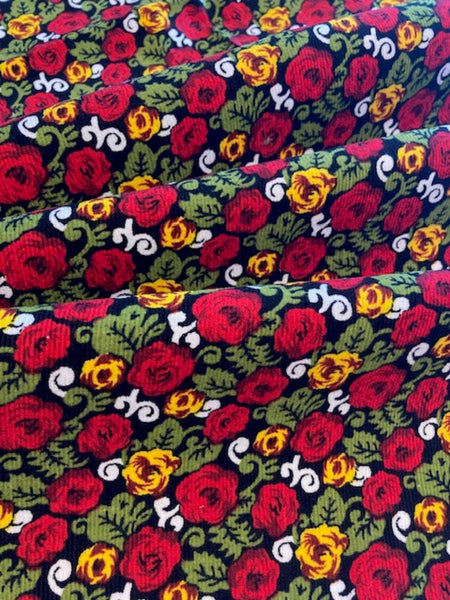 Red Flowers on Green/Black Lightweight Cotton Corduroy