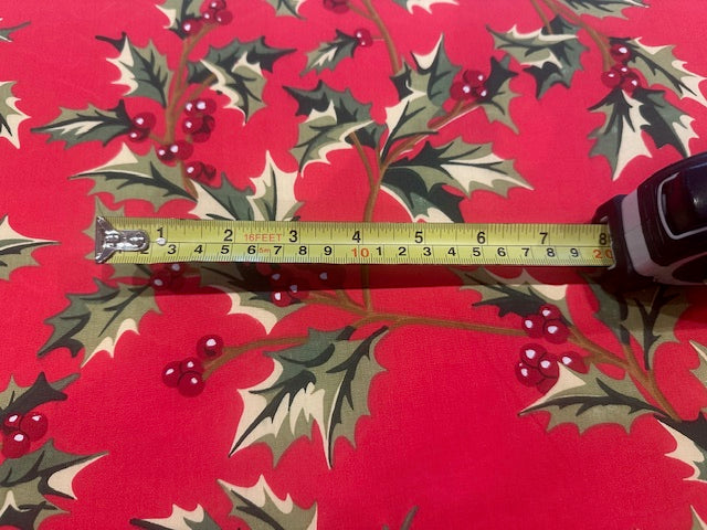 Large Christmas Holly &Berries on Red Cotton