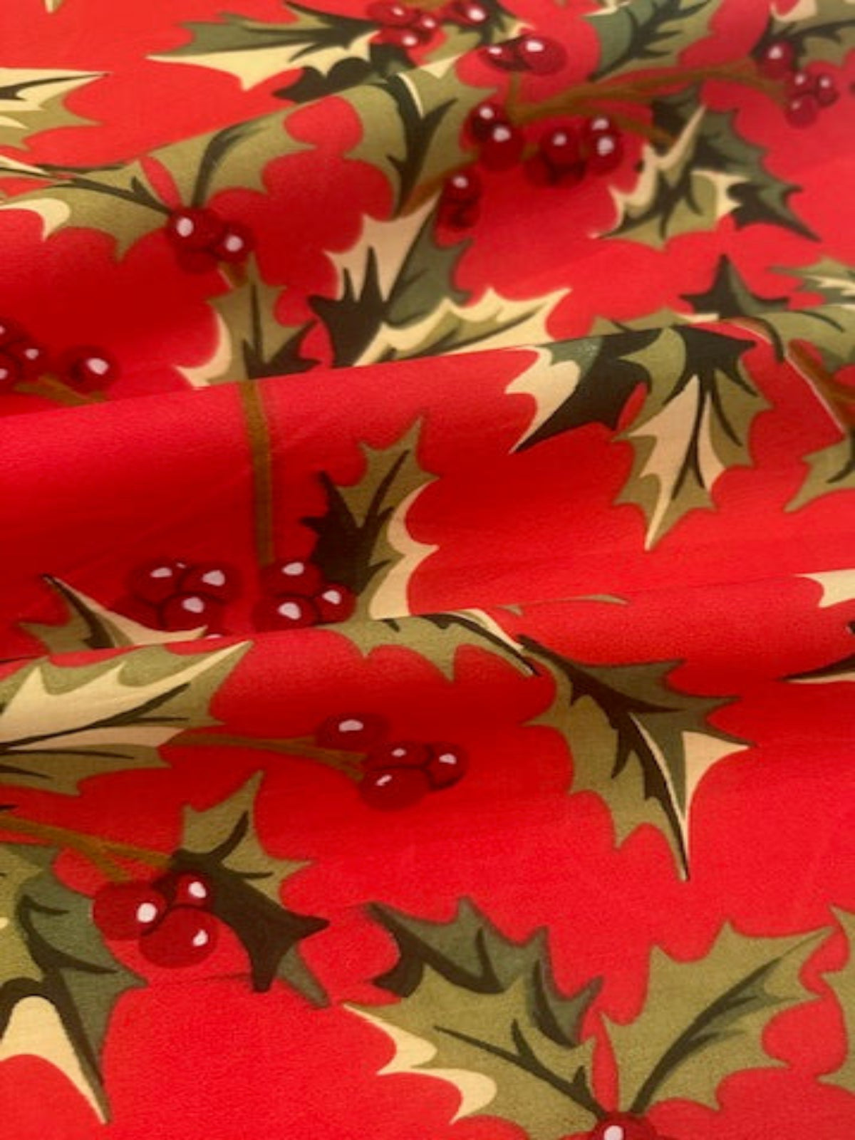 Large Christmas Holly &Berries on Red Cotton