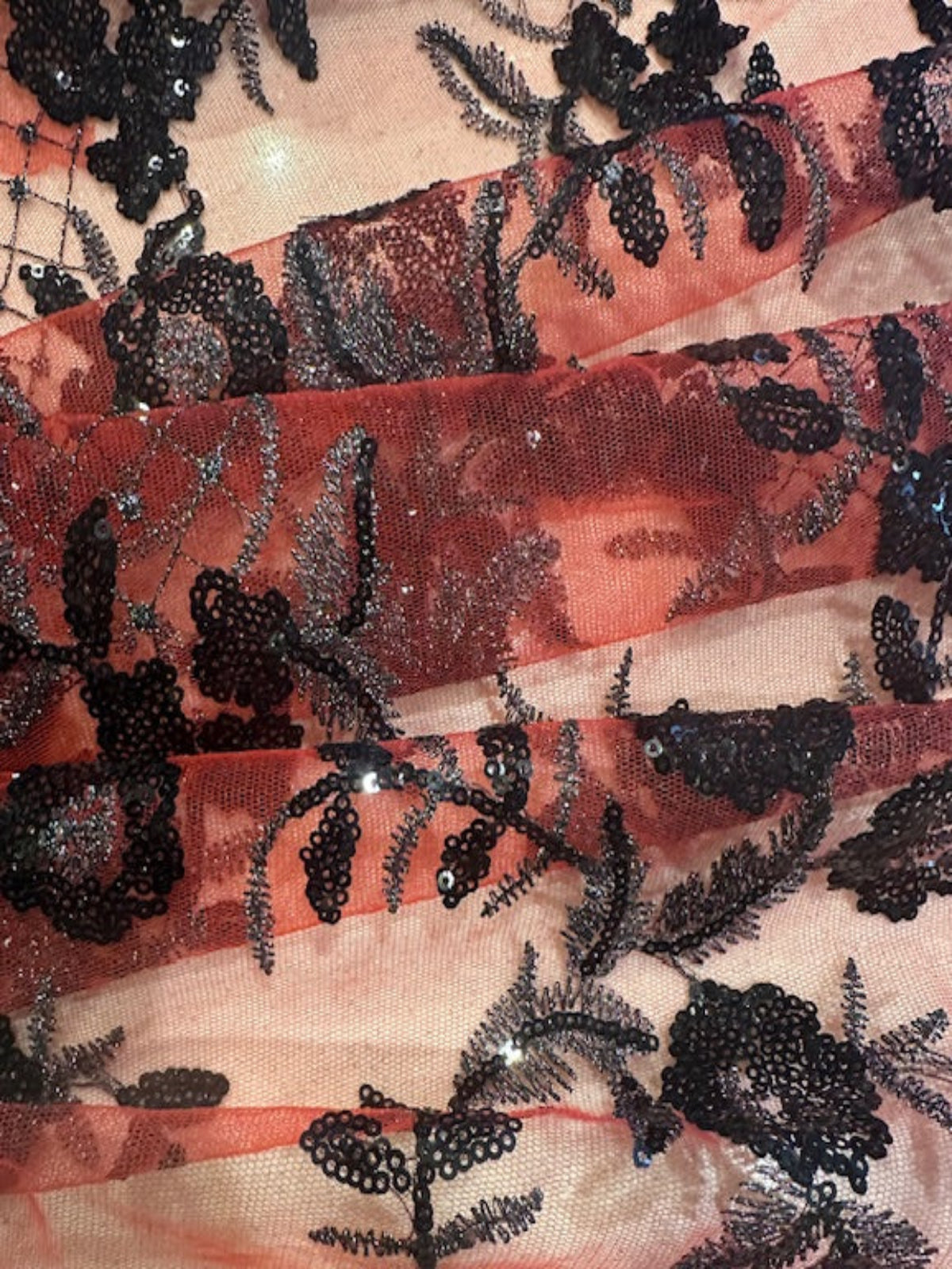 Black/Silver Trailing Flower with Lattice on Red Mesh