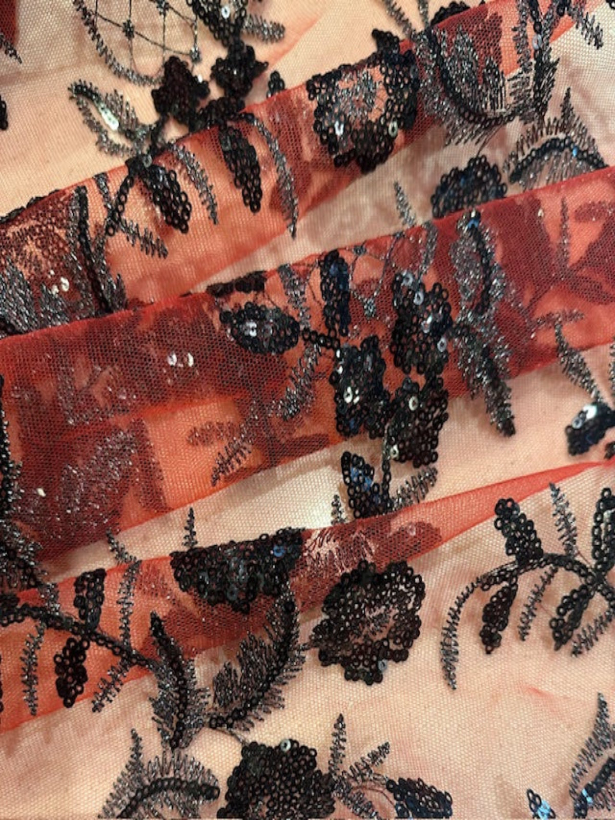 Black/Silver Trailing Flower with Lattice on Red Mesh