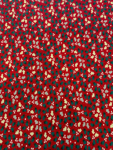 Christmas Mixed Green Small Hollies on Red Cotton&nbsp;