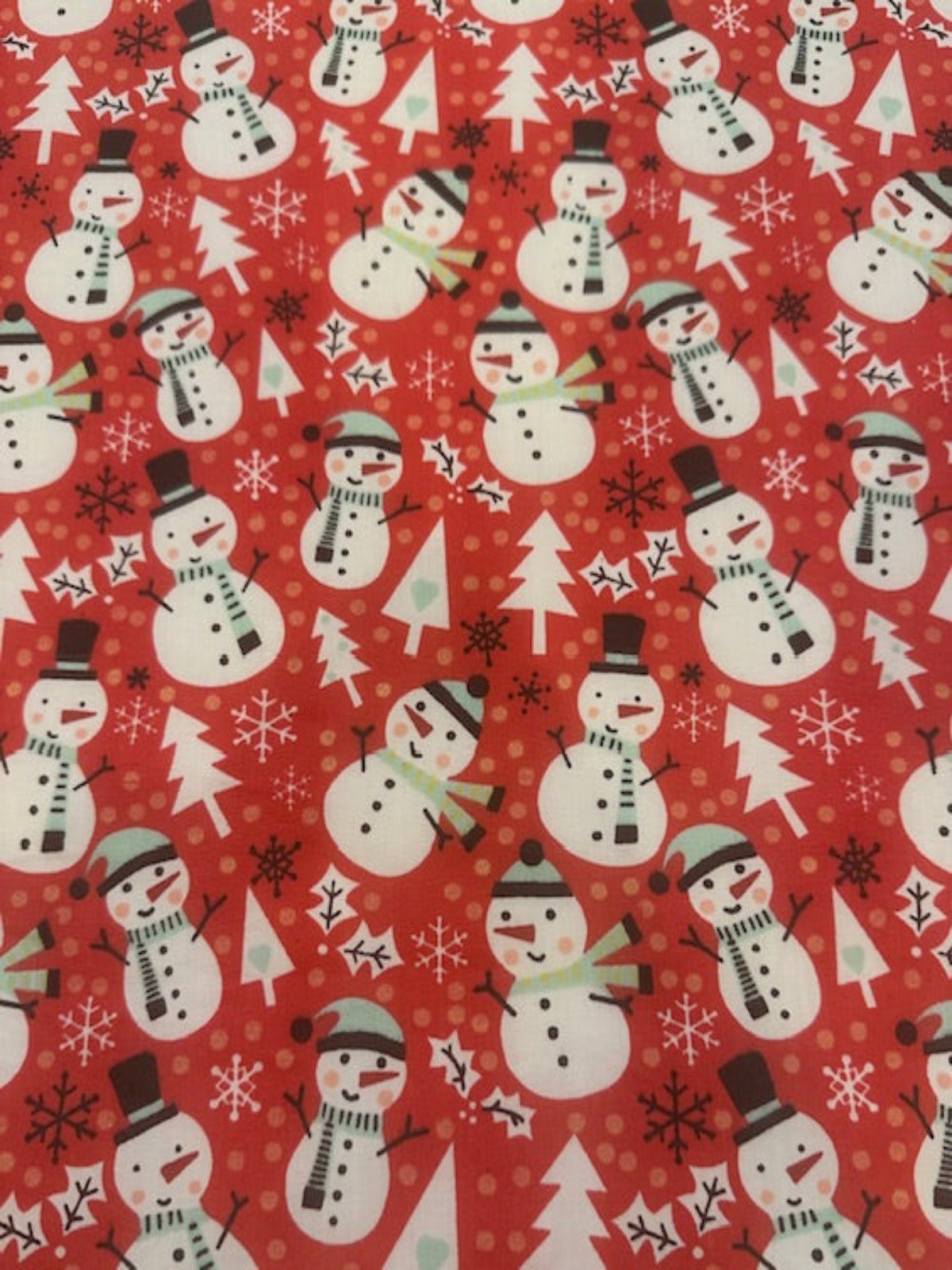 Snowman Christmas Trees & Snowflakes on Red Cotton