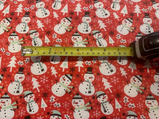 Snowman Christmas Trees & Snowflakes on Red Cotton
