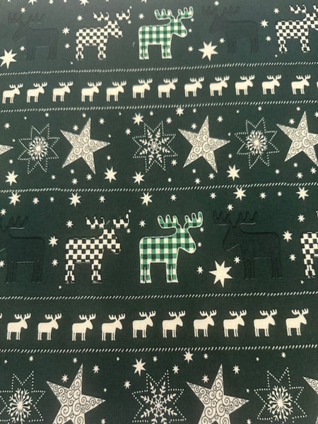 Christmas Green Scandi Reindeers on Dark Green Cotton&nbsp;