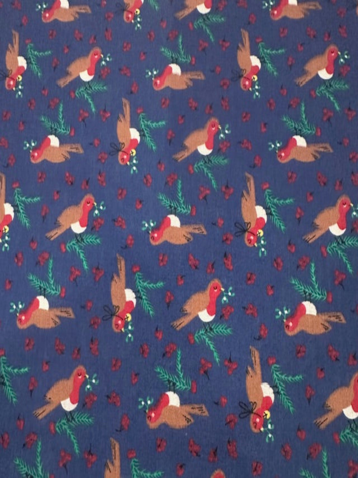 Christmas Robins & Red Berries on Navy Poly/Cotton