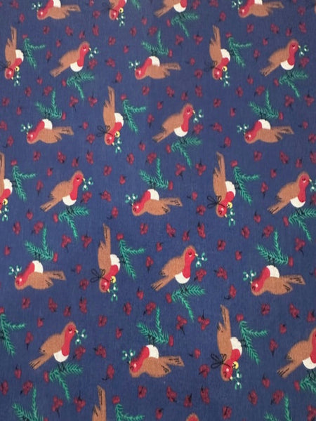 Christmas Robins & Red Berries on Navy Poly/Cotton