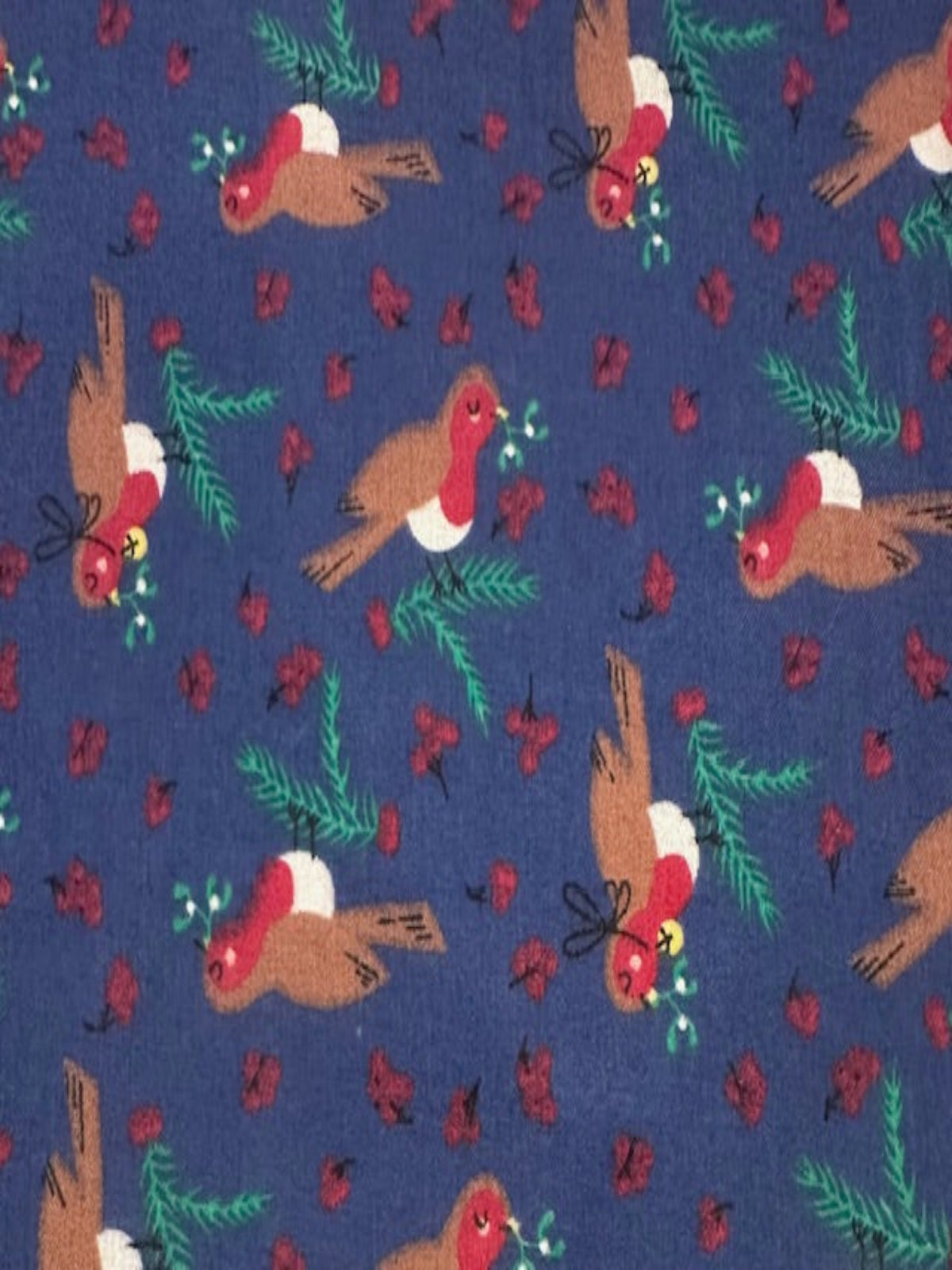 Christmas Robins & Red Berries on Navy Poly/Cotton