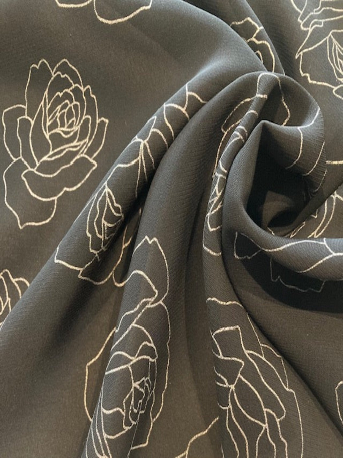 Sketchy Rose on Black Crepe De Chine