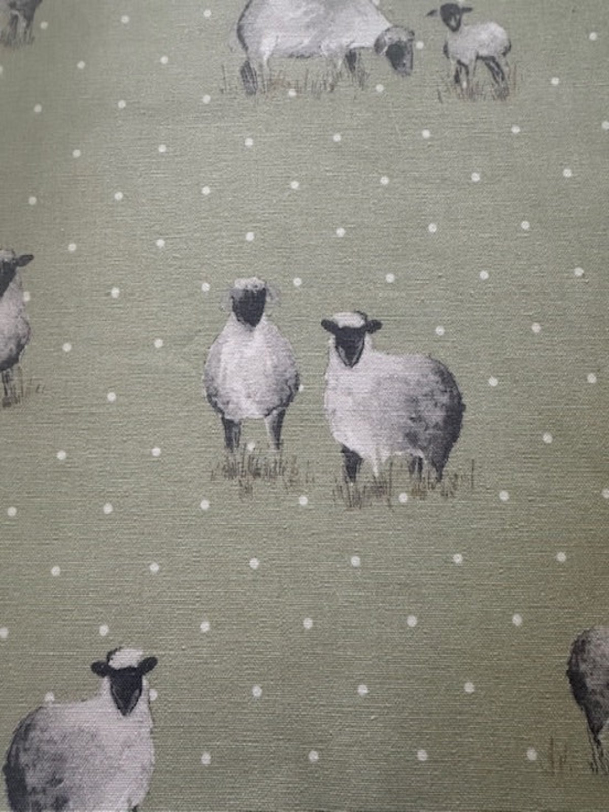 Sheep on Spotted Sage Green Cotton Furnishing