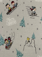 Snoopy on Christmas Sledge on Silver Cotton