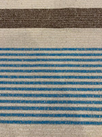 Blue/Brown Woven Stripe on Ivory with Silver Lurex Detail. Stripes run across the fabric.