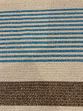 Blue/Brown Woven Stripe on Ivory with Silver Lurex Detail. Stripes run across the fabric.