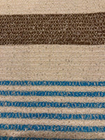 Blue/Brown Woven Stripe on Ivory with Silver Lurex Detail. Stripes run across the fabric.