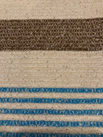 Blue/Brown Woven Stripe on Ivory with Silver Lurex Detail. Stripes run across the fabric.