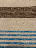 Blue/Brown Woven Stripe on Ivory with Silver Lurex Detail. Stripes run across the fabric.