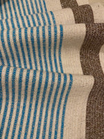 Blue/Brown Woven Stripe on Ivory with Silver Lurex Detail. Stripes run across the fabric.