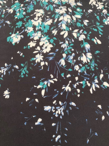 Teal Graduated Scatter Flowers on Navy Crepe De Chine