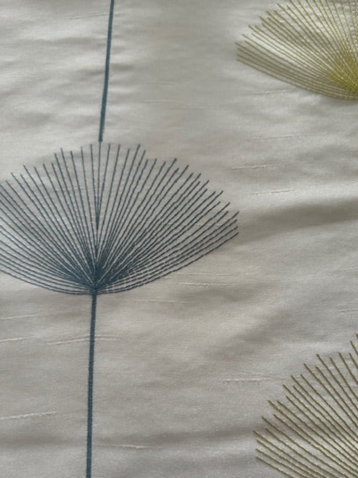 Teal/Lime Fan Plant Embroidery on Ivory Dupion