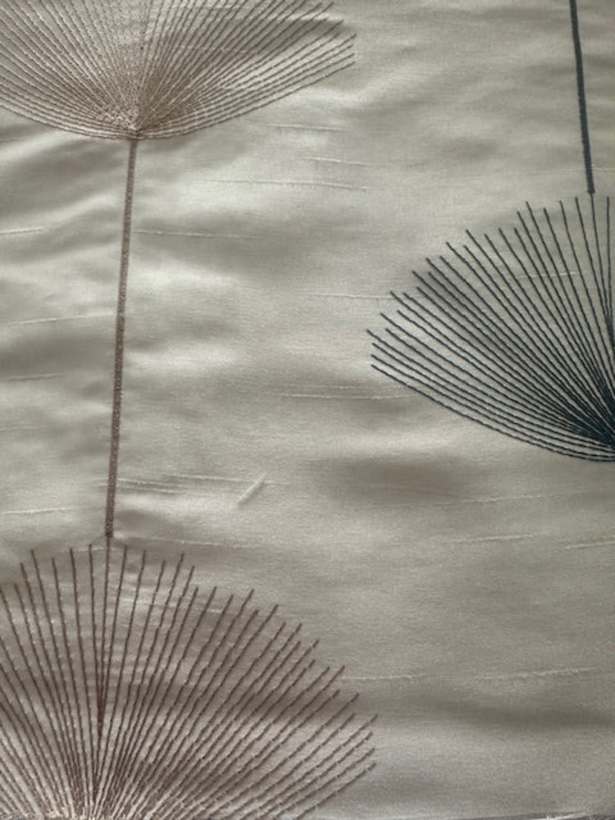 Teal/Lime Fan Plant Embroidery on Ivory Dupion