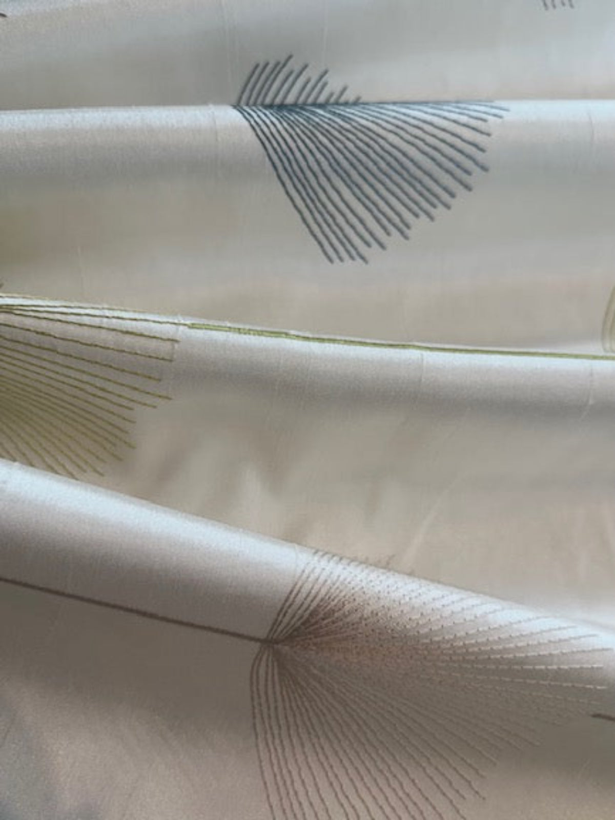 Teal/Lime Fan Plant Embroidery on Ivory Dupion