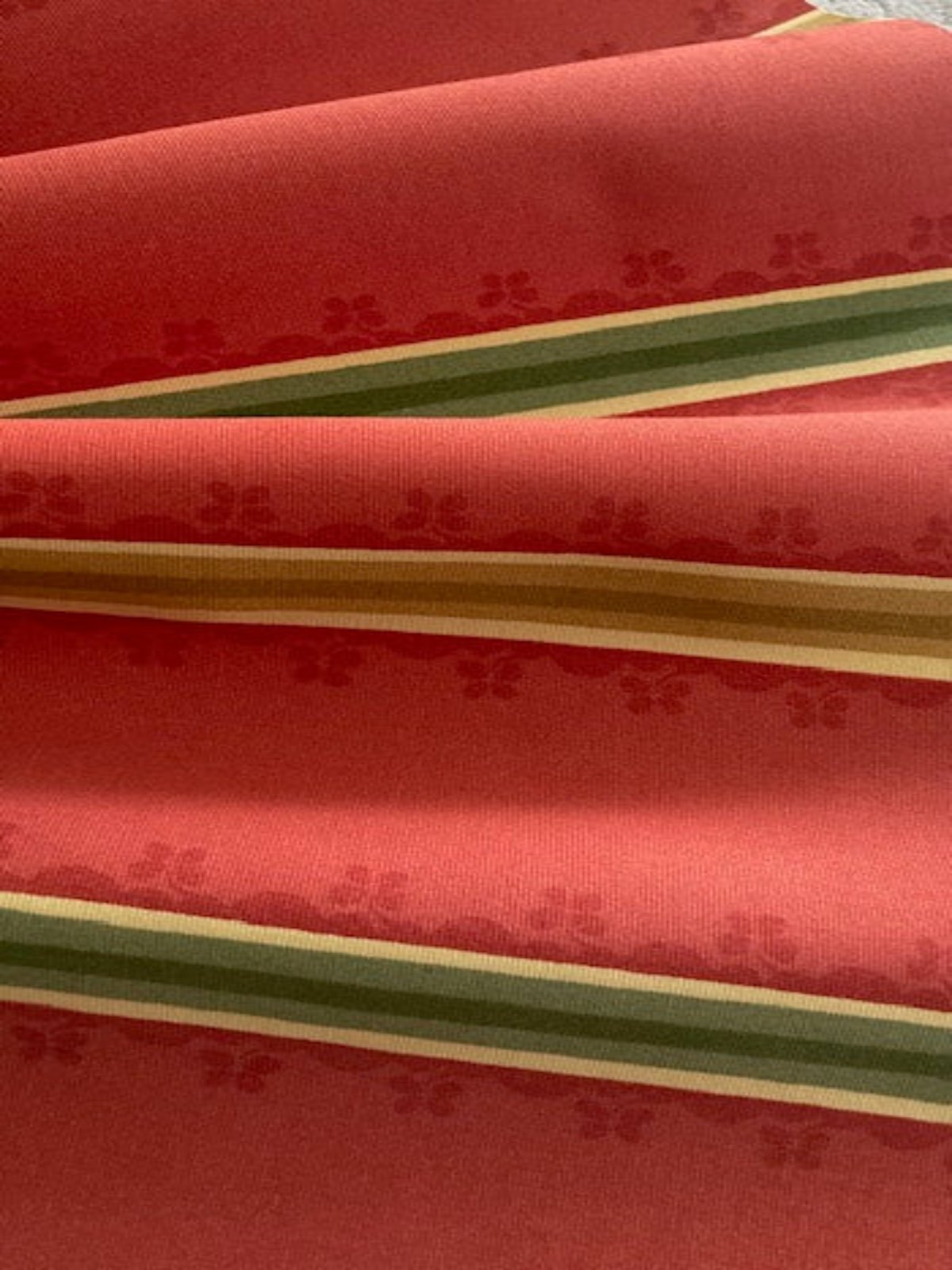 Yellow/Green Stripe on Terracotta Red Cotton. "Zoffany-Florette Stripe