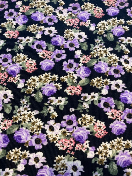 Violet Flowers on Black Lightweight Cotton Corduroy