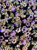 Violet Flowers on Black Lightweight Cotton Corduroy