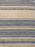 Wedgewood Blue Woven Stripe on Ivory with Gold Lurex Detail. Stripes run across the Fabric.