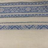 Wedgewood Blue Woven Stripe on Ivory with Gold Lurex Detail. Stripes run across the Fabric.