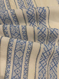 Wedgewood Blue Woven Stripe on Ivory with Gold Lurex Detail. Stripes run across the Fabric.