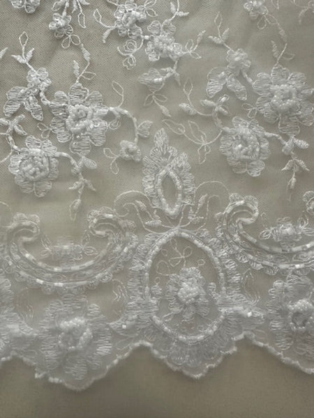 White Delicate Scalloped Edge Lace. Pearl &amp; Beaded detail.