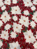 Christmas White Poinsettia on Red Cotton