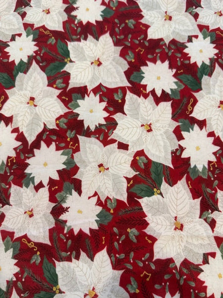 Christmas White Poinsettia on Red Cotton