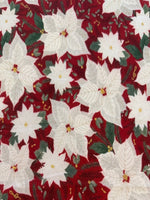Christmas White Poinsettia on Red Cotton