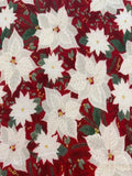 Christmas White Poinsettia on Red Cotton