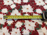 Christmas White Poinsettia on Red Cotton