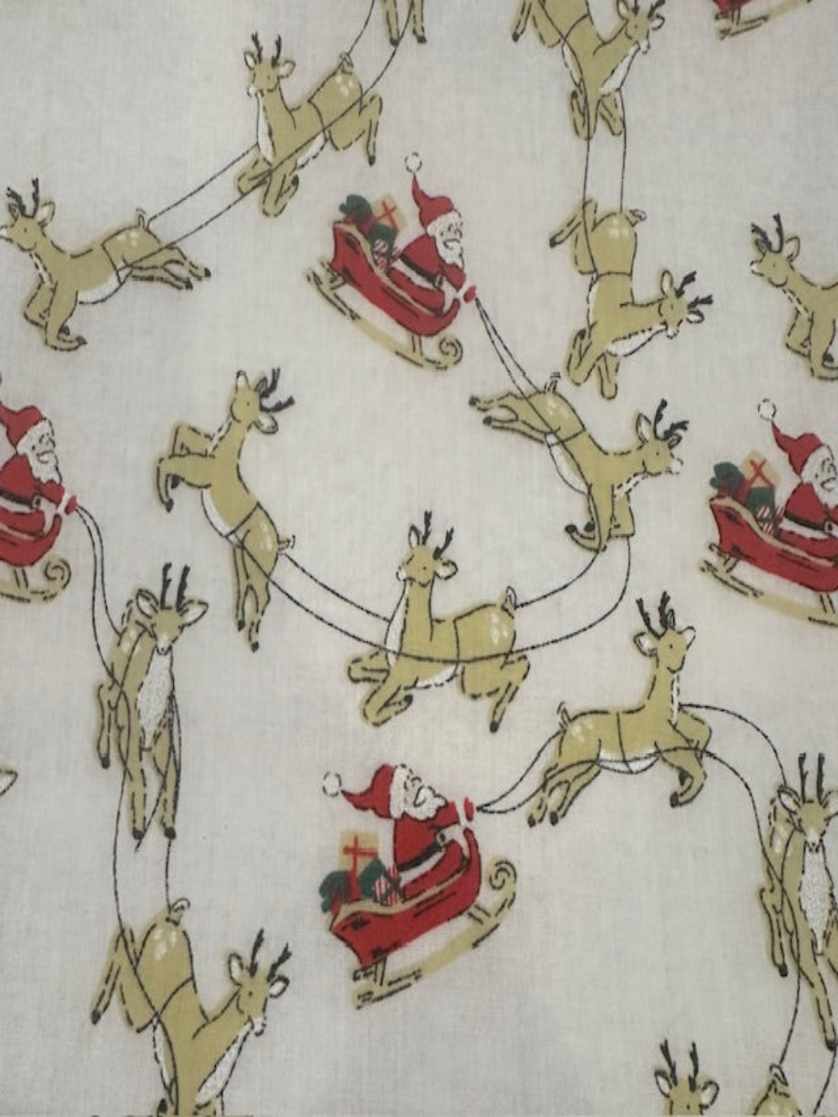 Santa Sleigh & Reindeer on White Poly/Cotton