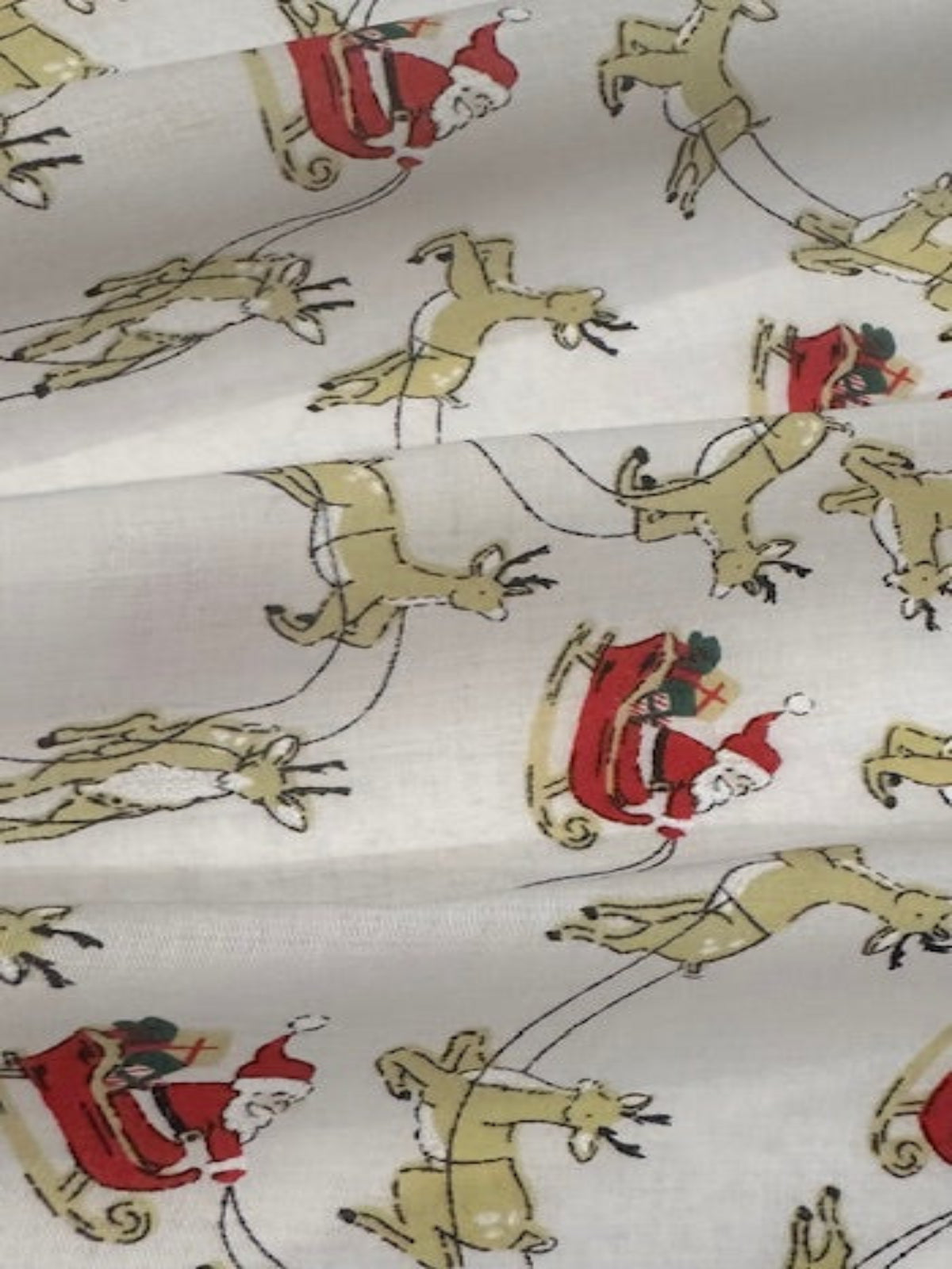 Santa Sleigh & Reindeer on White Poly/Cotton