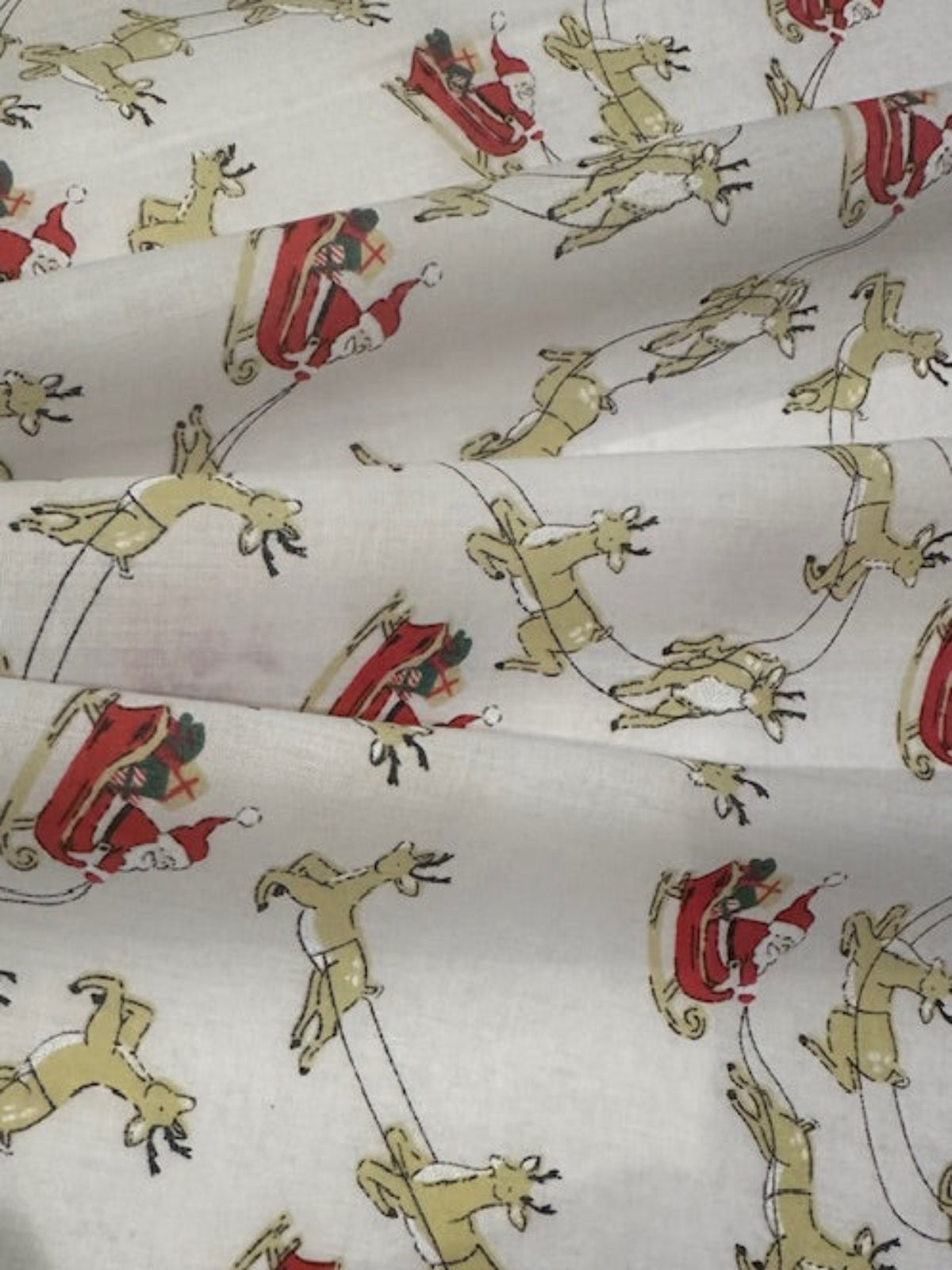 Santa Sleigh & Reindeer on White Poly/Cotton