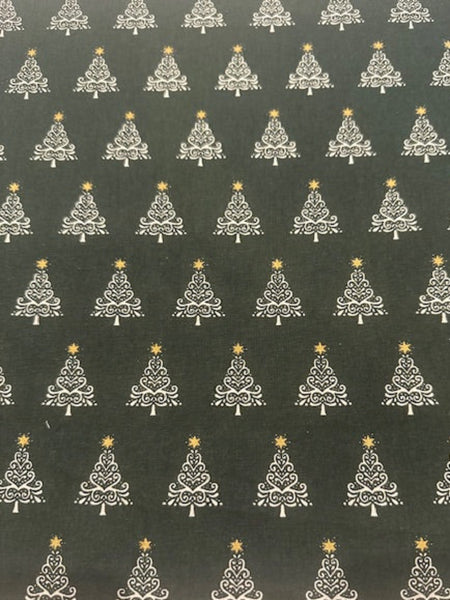 White Christmas Trees on Dark Green Cotton