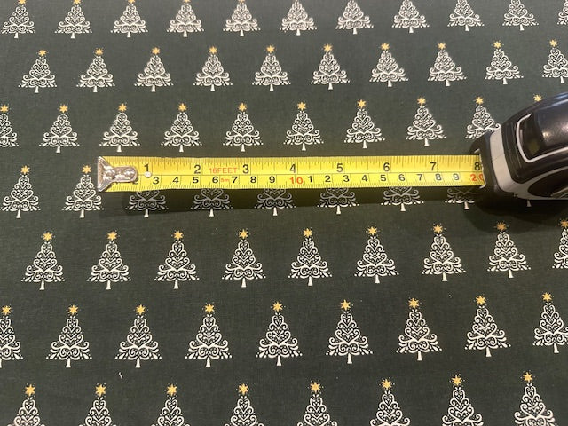 White Christmas Trees on Dark Green Cotton