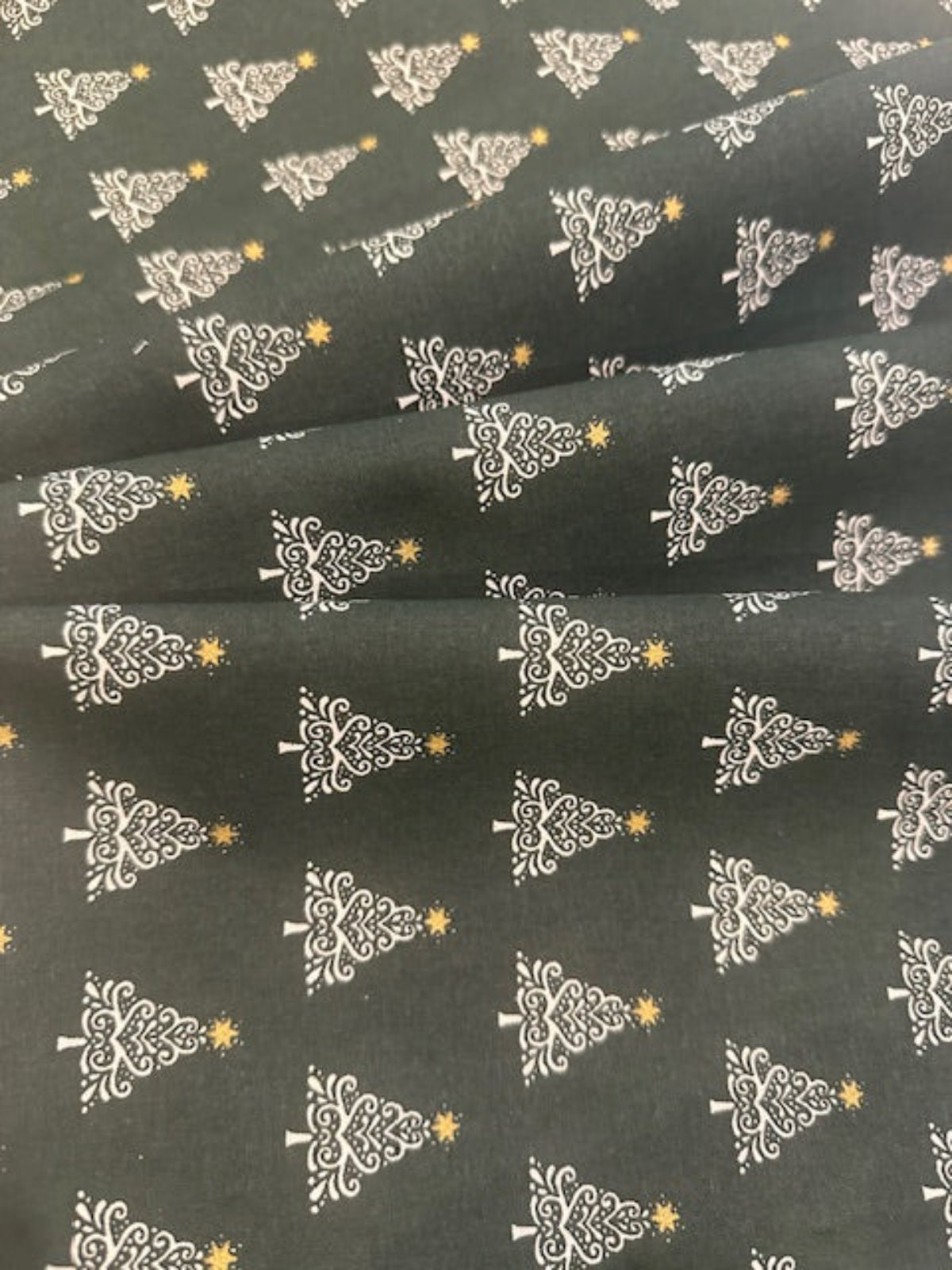 White Christmas Trees on Dark Green Cotton