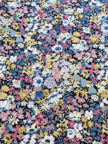 Yellow/Pink Allover Flowers on Black Cotton Lawn