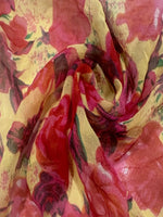 Scarlet Roses on Yellow Yoryu Silk Chiffon