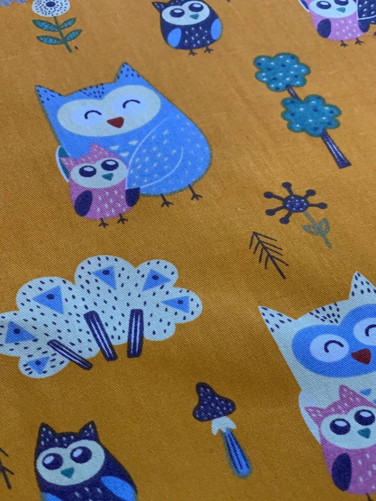 Owl print on Orange Cotton Sateen - Deadstock fabric on AmoThreads